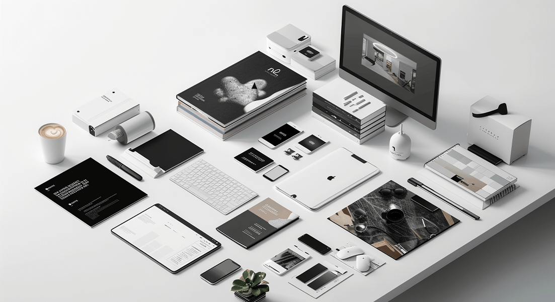 End-to-end brand execution showcasing printed collaterals, digital brand assets, and physical marketing materials arranged in a professional layout